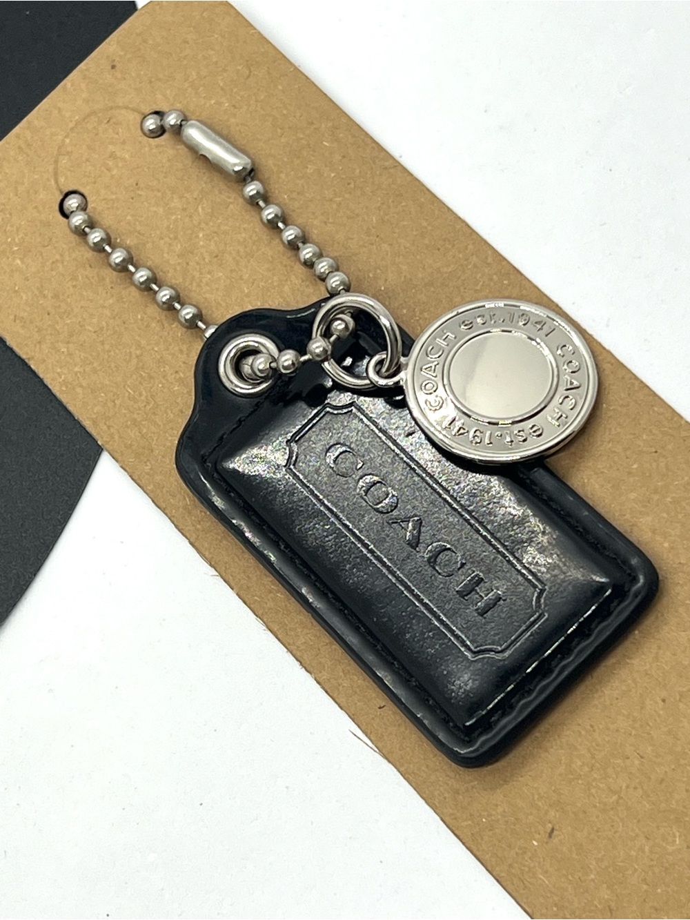 Coach Authentic Black Patent Leather Hangtag Est 1941 Silver Medallion Charm